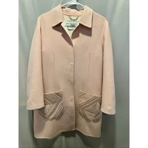Fendi Roma Wool Coat 42 Blush Pink Shearling Pocket Jacket Italy Luxury Designer - Picture 3 of 15